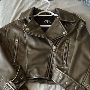 Zara Dark Olive Grey Faux Leather Biker Jacket